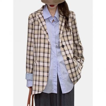 Plaid Long Sleeve Turn-down Collar Coat For Women