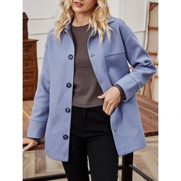 Solid Color Button Long Sleeve Casual Coat for Women