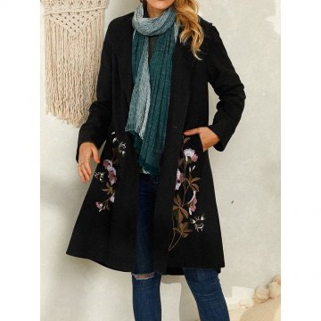 Floral Embroidery Vintage Lapel Collar Coat For Women