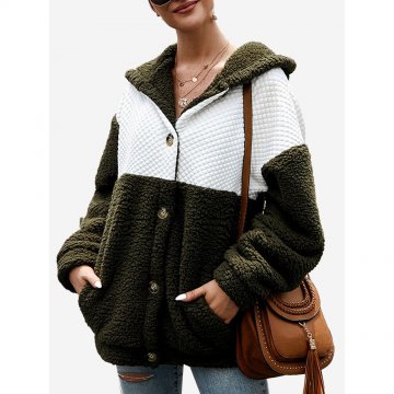 Fleece Patchwork Long Sleeve Hooded Coat For Women
