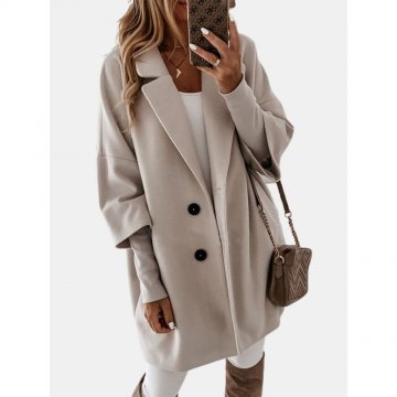 Solid Color Lapel Long Sleeve Casual Coat For Women