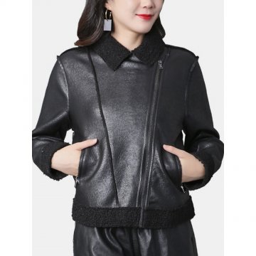Solid Color Zipper Pockets Leather Causal Coats for Women