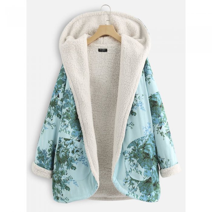 Thick Floral Print Long Sleeve Hooded Coat For Women