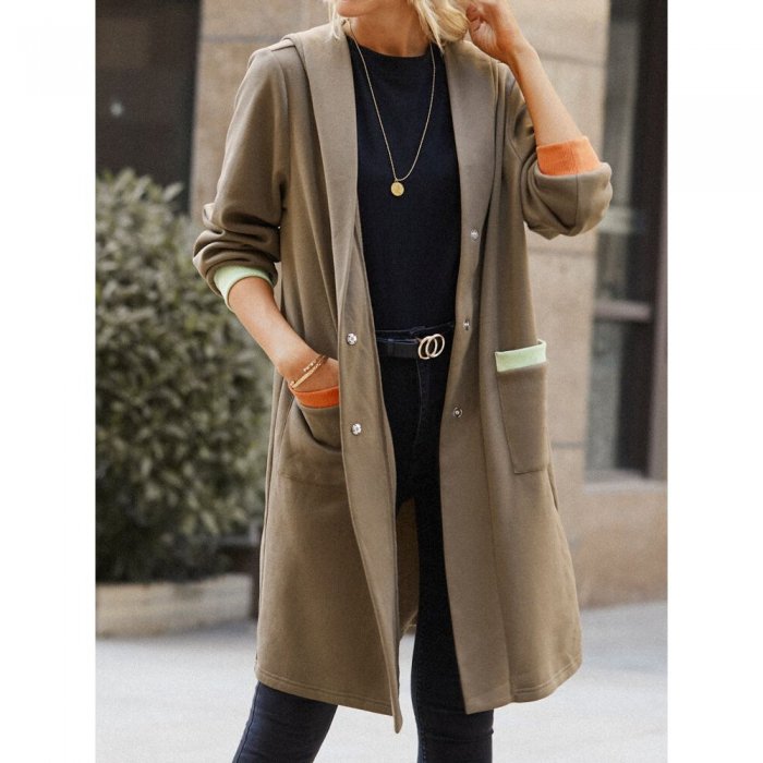 Patch Color Pocket Hooded Vintage Coat Long Jacket For Women